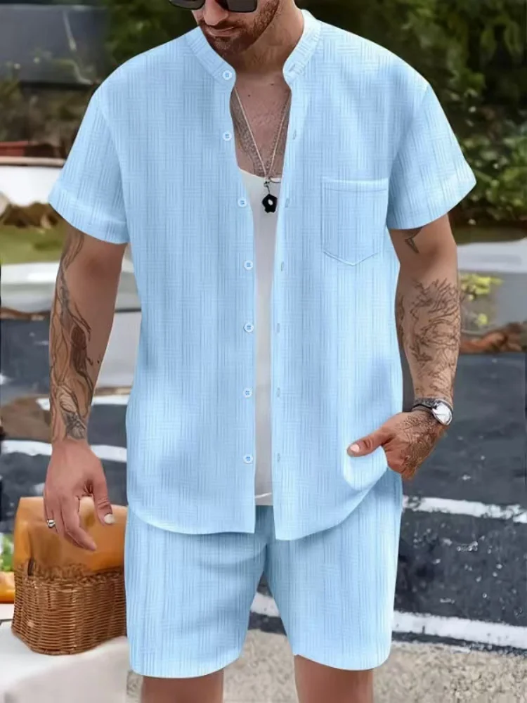 2025 Summer hot men's fashion Henry collar jacquard pocket shirt daily casual solid color drawstring shorts beach two-piece Set