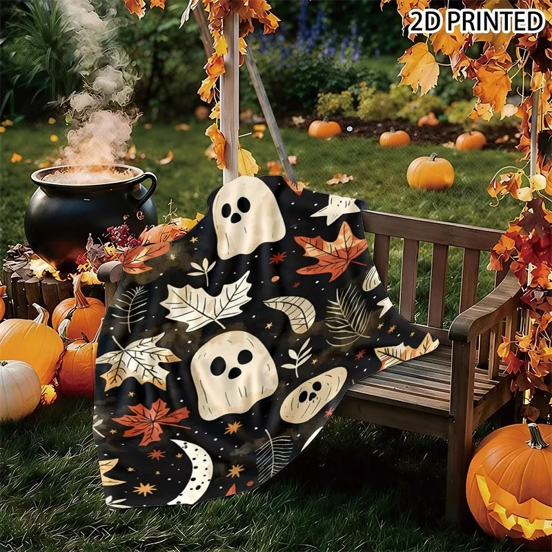 Whimsical Halloween Themed Throw Blanket, Black Background with Spooky Ghosts, Pumpkins, Maple Leaves, Crescent Moons & Star Acc