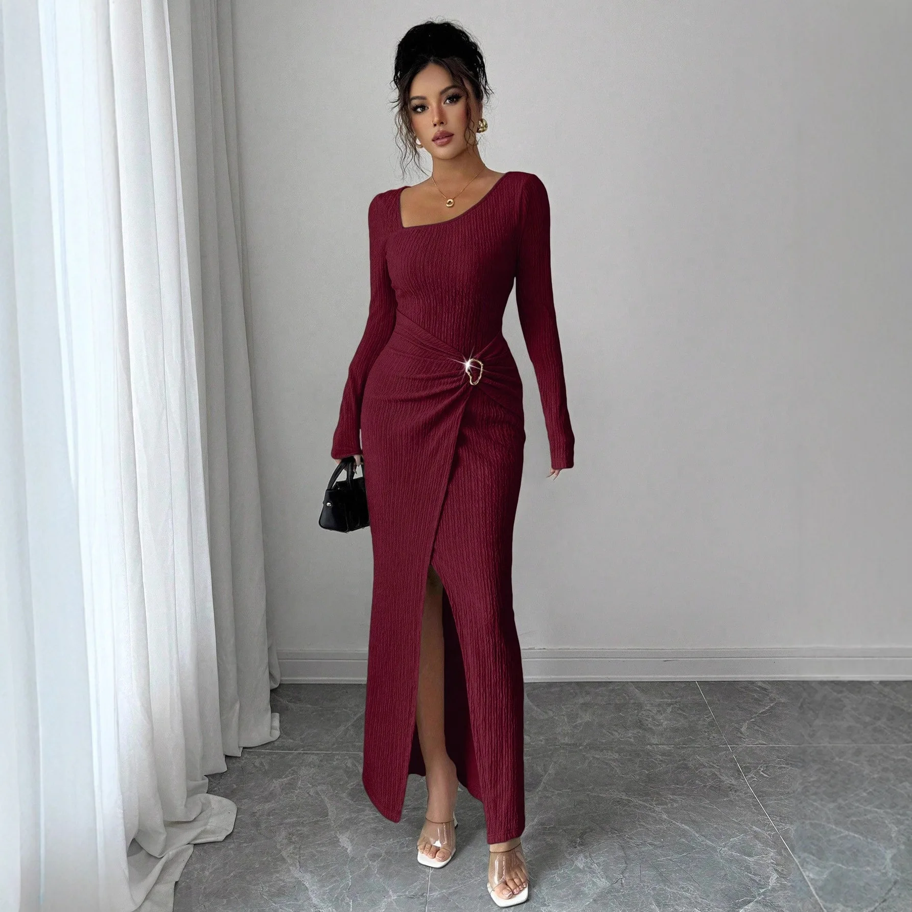 

2026 Autumn/winter New Irregular Neckline Solid Color Knit Texture Long Dress for Women European and American Style