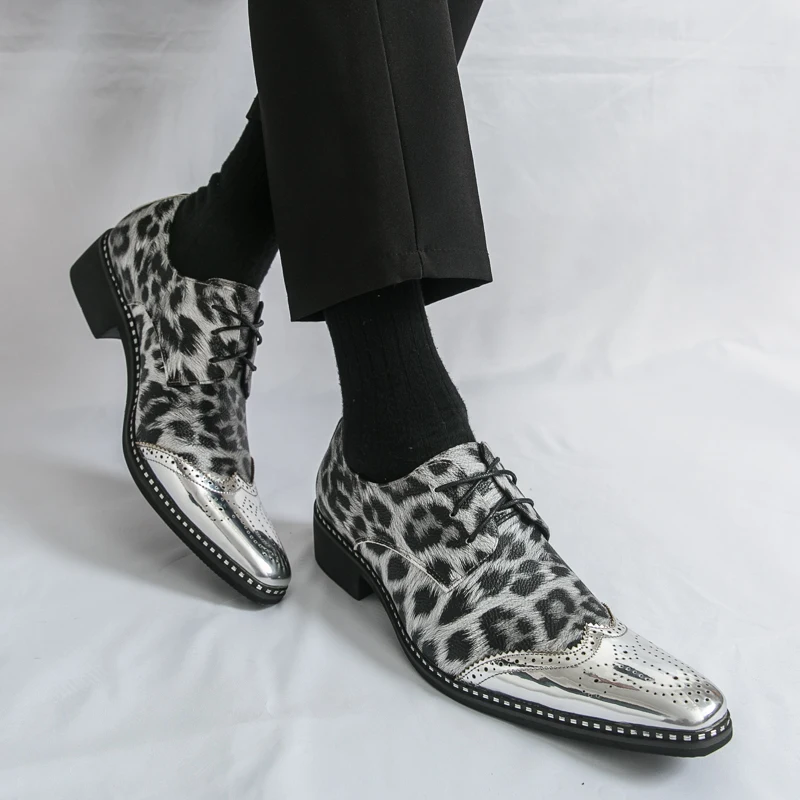 

Men Lace Up Leopard Print Business Brogue Shoes Height Increase Elevator Heels Comfor Formal Casual Oxfords for Trendy Gentlemen
