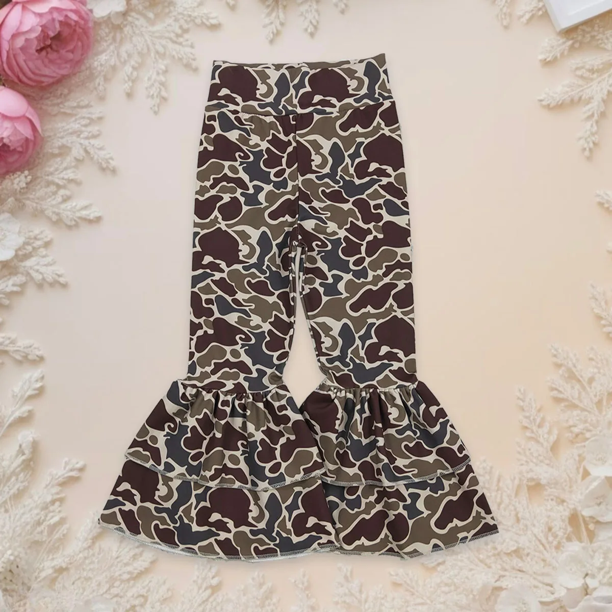 

Kids Toddler Baby Girl Clothes Dark Khaki Camo Ruffle Bell Bottom Flared Pants Soft Fashion Children Boutique Clothing Wholesale