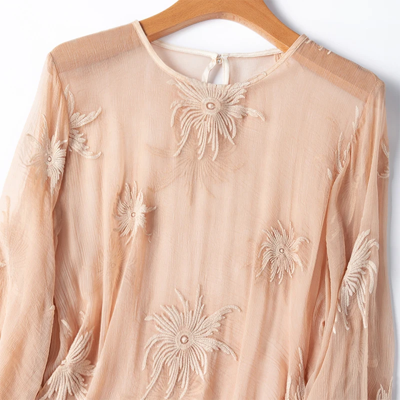 Damska Jedwabna Bluzka 100% Jedwab Morwowy Cienka Przezroczysta Pomarańczowa Haftowana Okrągły Dekolt Długi Rękaw Koszula Top Pulower M1369