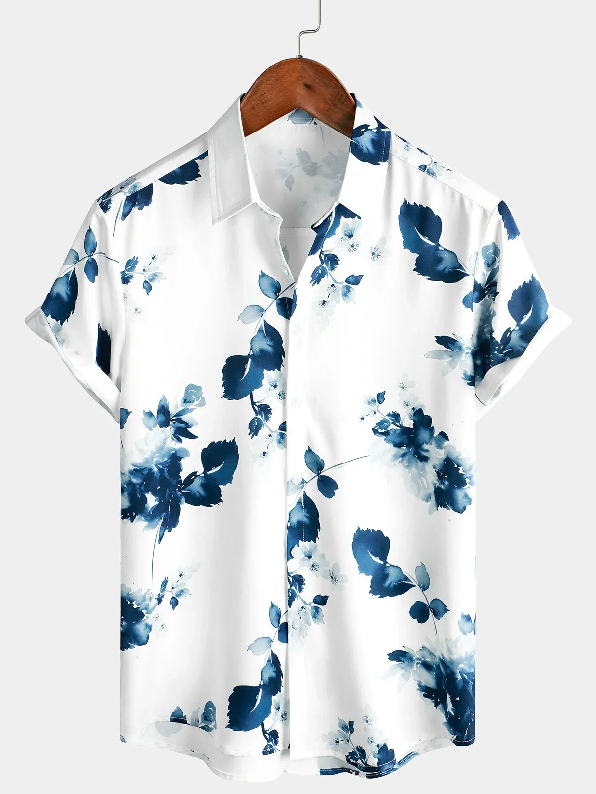 New Men's Light Color Peach Blossom Blue and White 3D Printed Shirt Vacation Hawaii Beach Lapel Short Sleeve Breathable Top