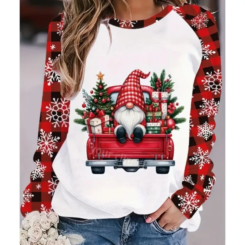 Elegant party womens long sleeved T-shirt with round neck pullover Christmas snowman print high-end T-shirt for womens new style