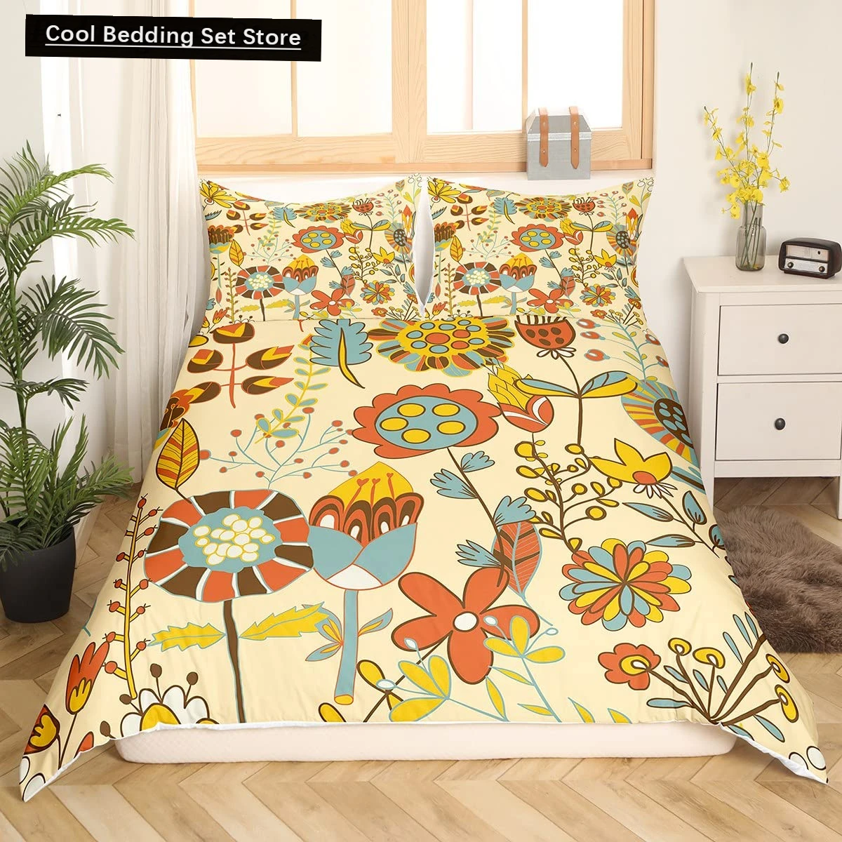 

Retro Flowers King Queen Bedding Set Cartoon Vintage Floral Duvet Cover Boho Abstract Quilt Cover Soft Polyester Comforter Cover