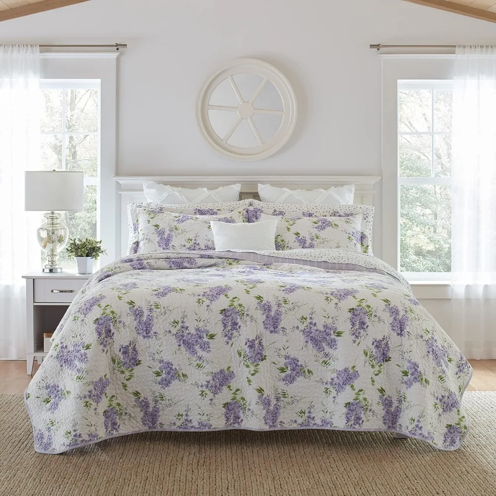 

King Quilt Set - Cotton Reversible Bedding with Matching Shams, Lightweight & Soft Decor (Keighley Lilac, King)