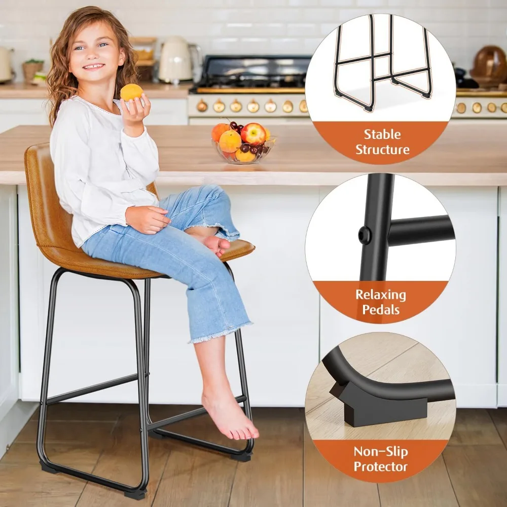 Bar Stools Set of 4, PU Leather Counter Height Bar Stools, 26" Modern Bar Stools with Metal Legs and Footrest, Urban Armless Din