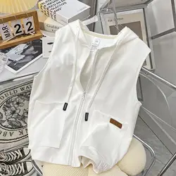 Simplicity Casual Summer Solid Women's Hooded Pockets Zipper Drawstring Trend Versatile Sleeveless Loose Sweatshirt Vest Tops