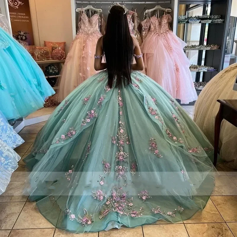 ANGELSBRIDEP danau hijau Quinceanera gaun 3D bunga dari bahu Cinderella gaun ulang tahun Lace-Up manis 15 16 Gaun