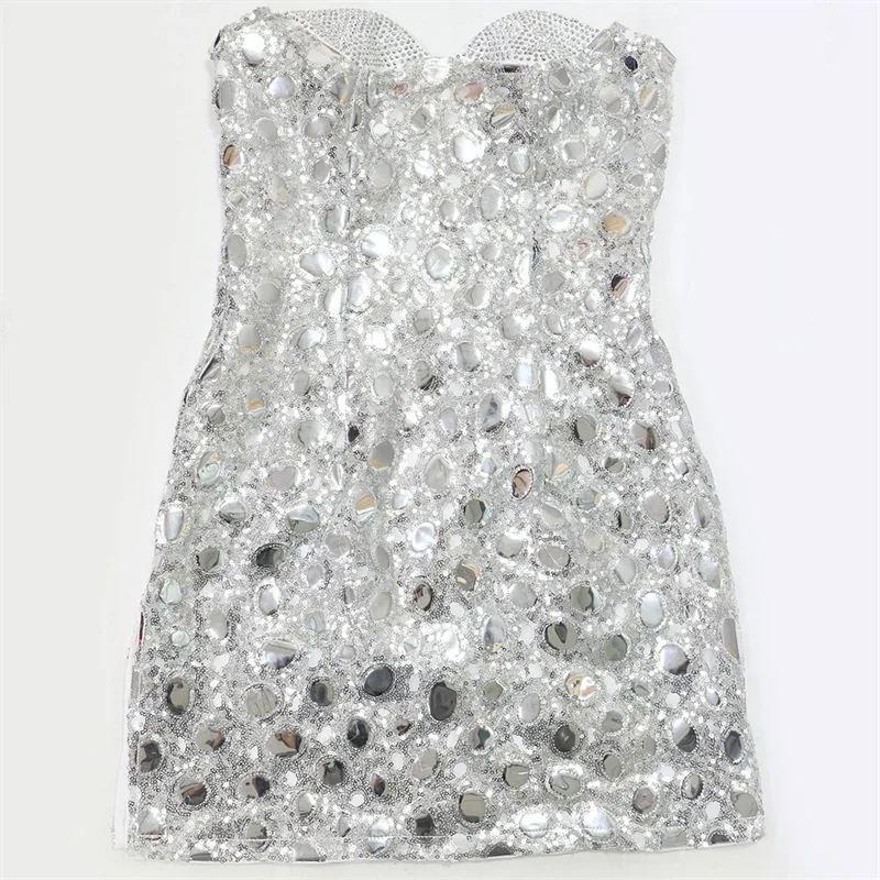女性のためのきらびやかなスパンコールのついたタイトなドレス,ストラップレスの伸縮性のあるミニドレス,スリムフィット,ナイトクラブ,ウエディング,誕生日パーティー