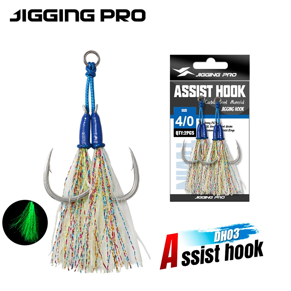 JIGGING PRO 1-anzuelos de Metal para pesca en agua salada, aparejos luminosos de doble asistencia, #1/0, 2/0, 3/0, 4/0