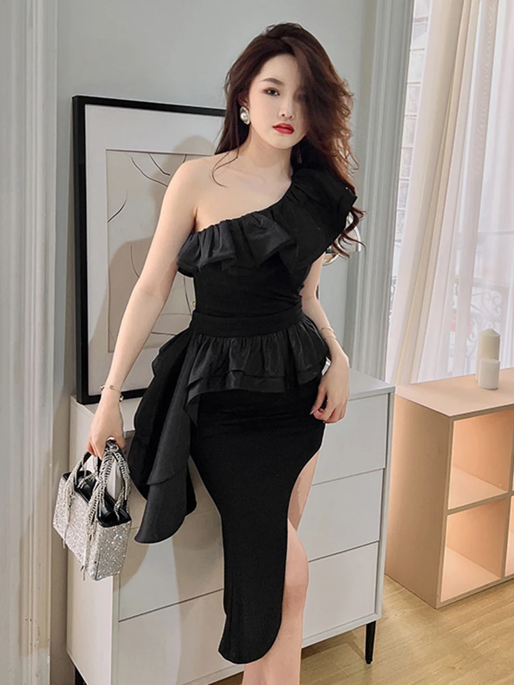 

Chic Summer Black Sexy 2 Piece Outfit Elegant Women Evening Runway Skew Collar Ruffle Tops Shirt Femme Midi Skirt Slim Club Sets