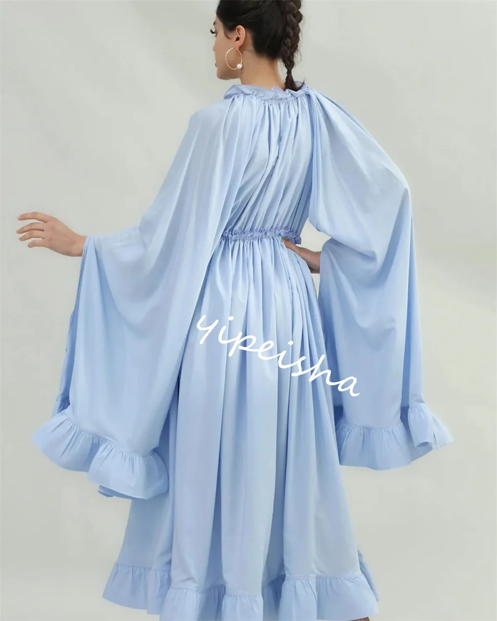 Jersey Prom malam terbungkus pesta Ruffle A-line kerah tinggi Bespoke gaun acara Midi Es