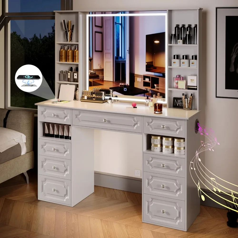 Vanity Desk with Lighted Mirror, Large Makeup Vanity Table with 9 Drawers, Wireless Charging + Bluetooth Music Players