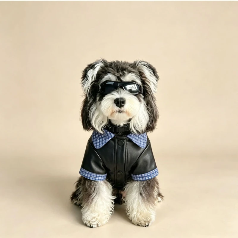Korean Style Fake Two Piece Pet Leather Jacket Plaid Lapel Harness Traction Vest For Small Sized Dogs With Checkered Pattern