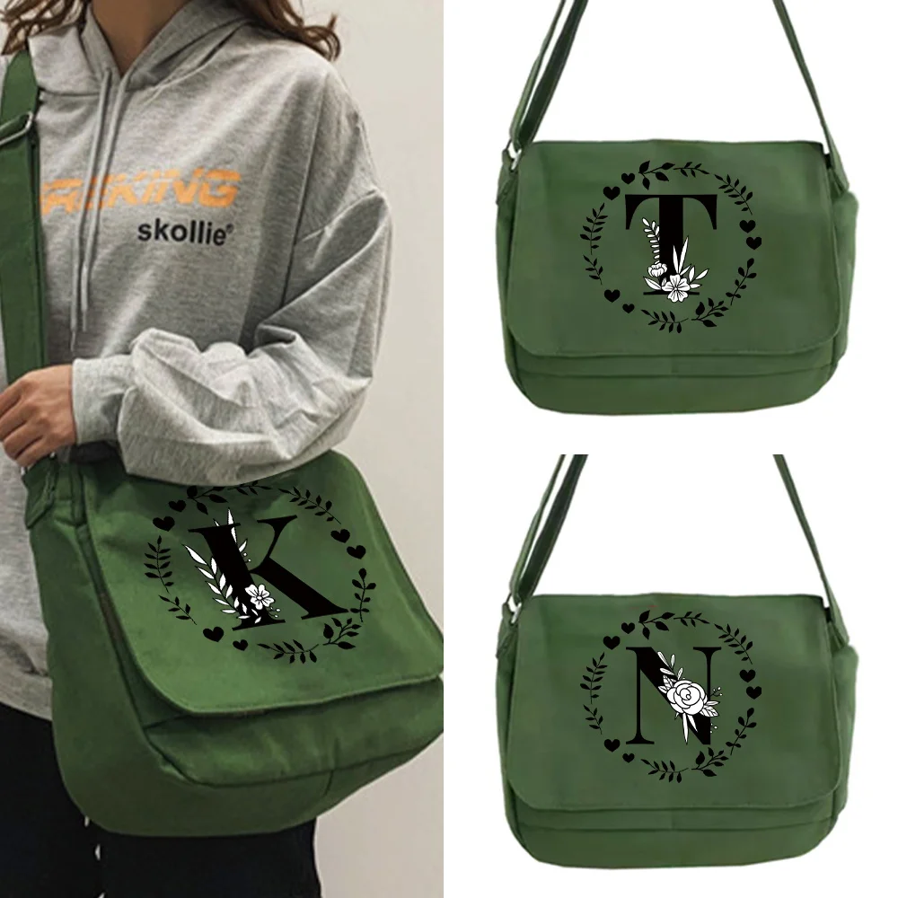 Bolso de hombro de lona para adolescentes y estudiantes, bolsa de mensajero verde, serie con patrón de letras de guirnalda, gran capacidad