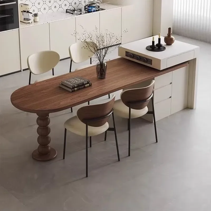 NEXGRAND Island Dining Table Modern Style Retractable Multifunctional Telescopic High-end Black Walnut Color Sintered Stone