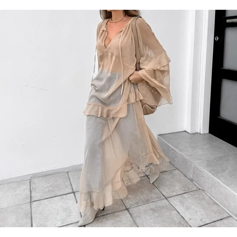 

Khaki 2026 Spring and Summer New Ruffle Edge Dress Fashion Sunscreen Blouse Long Dress Women