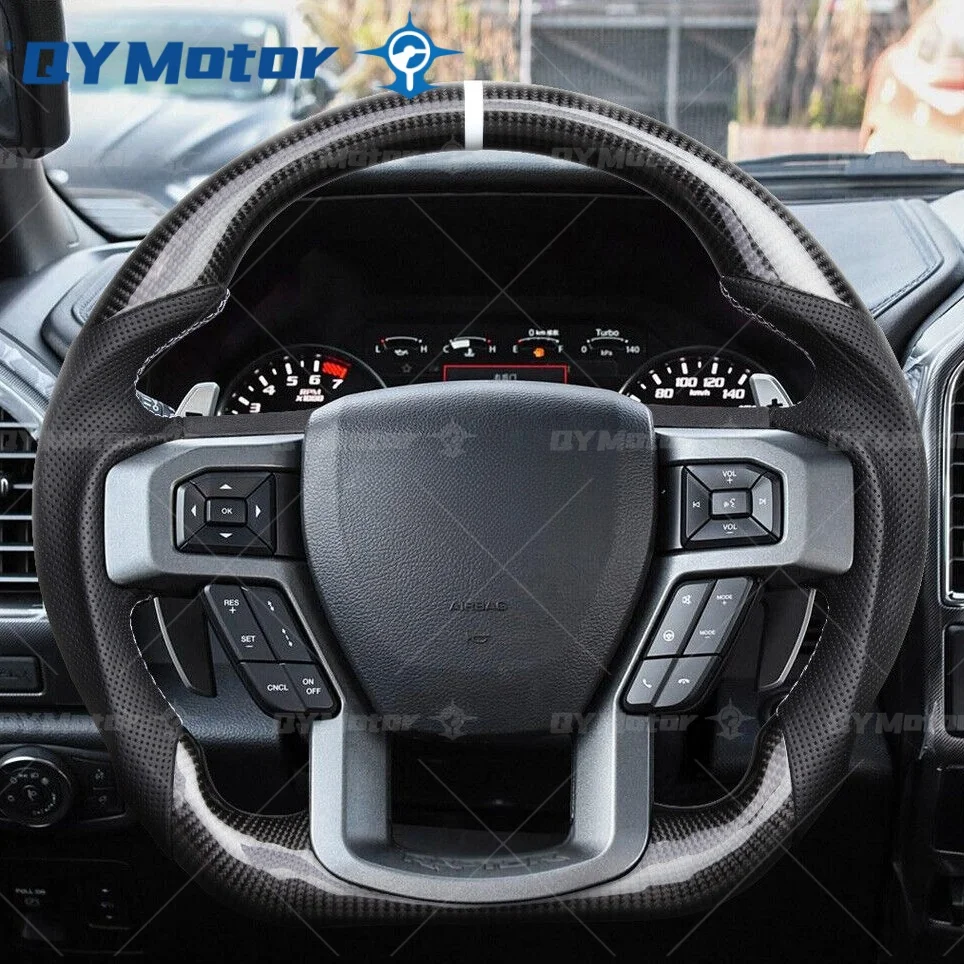 Real Carbon Fiber Steering Wheel Fits For Ford F150 F-150 Raptor 2015-2020 Customized Steering Wheel White Stripe
