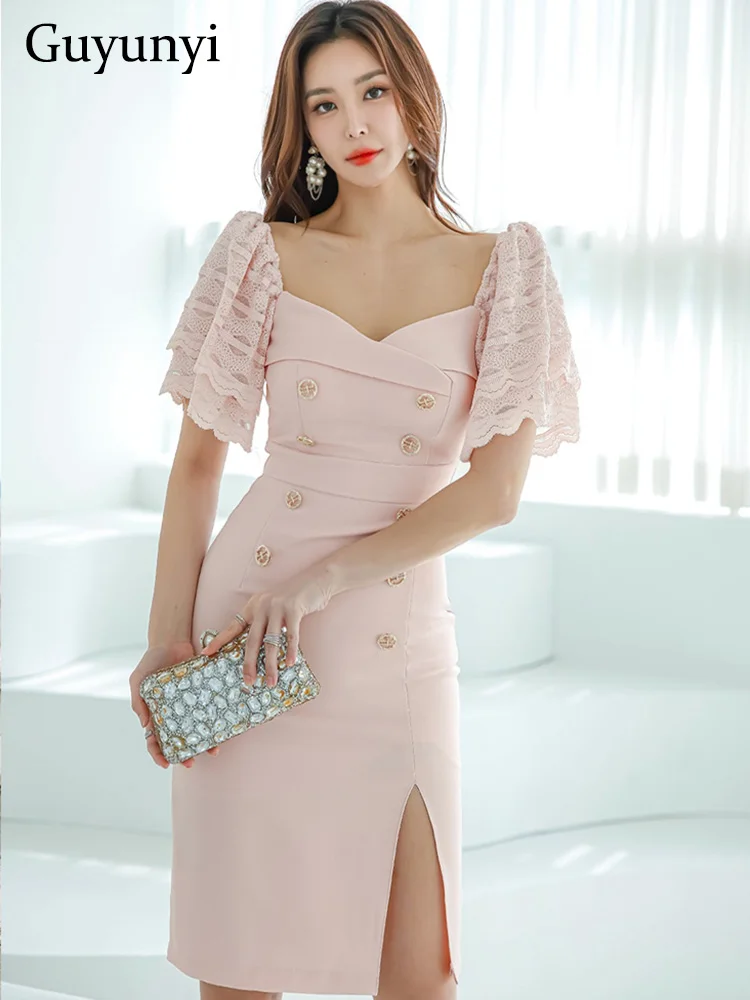 

Elegant Office Lady Dress Summer Pink Lace Butterfly Sleeve Square Collar Decorative Double Breasted Buckle Party Dress Women