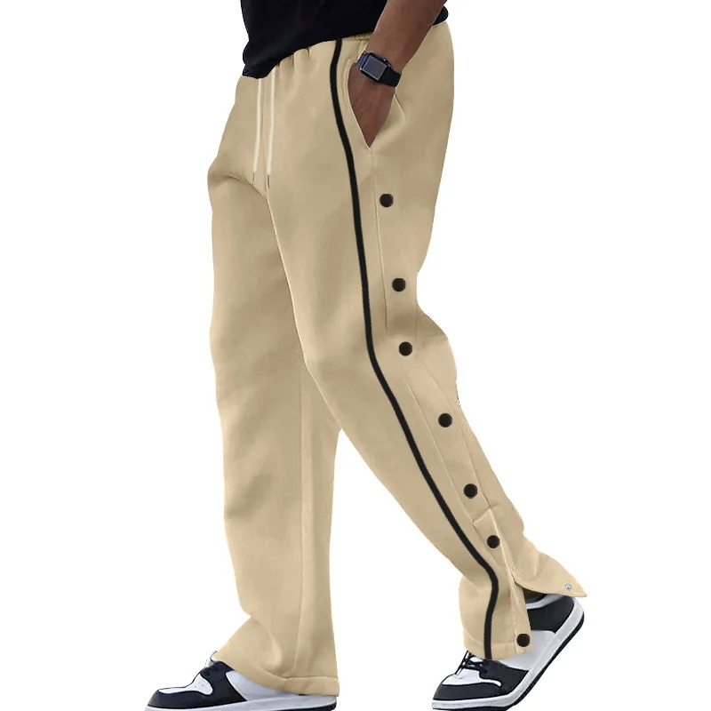 Men Striped Side Button Sweatpants Elastic Drawstring Wide Leg Split Hem Casual Trousers