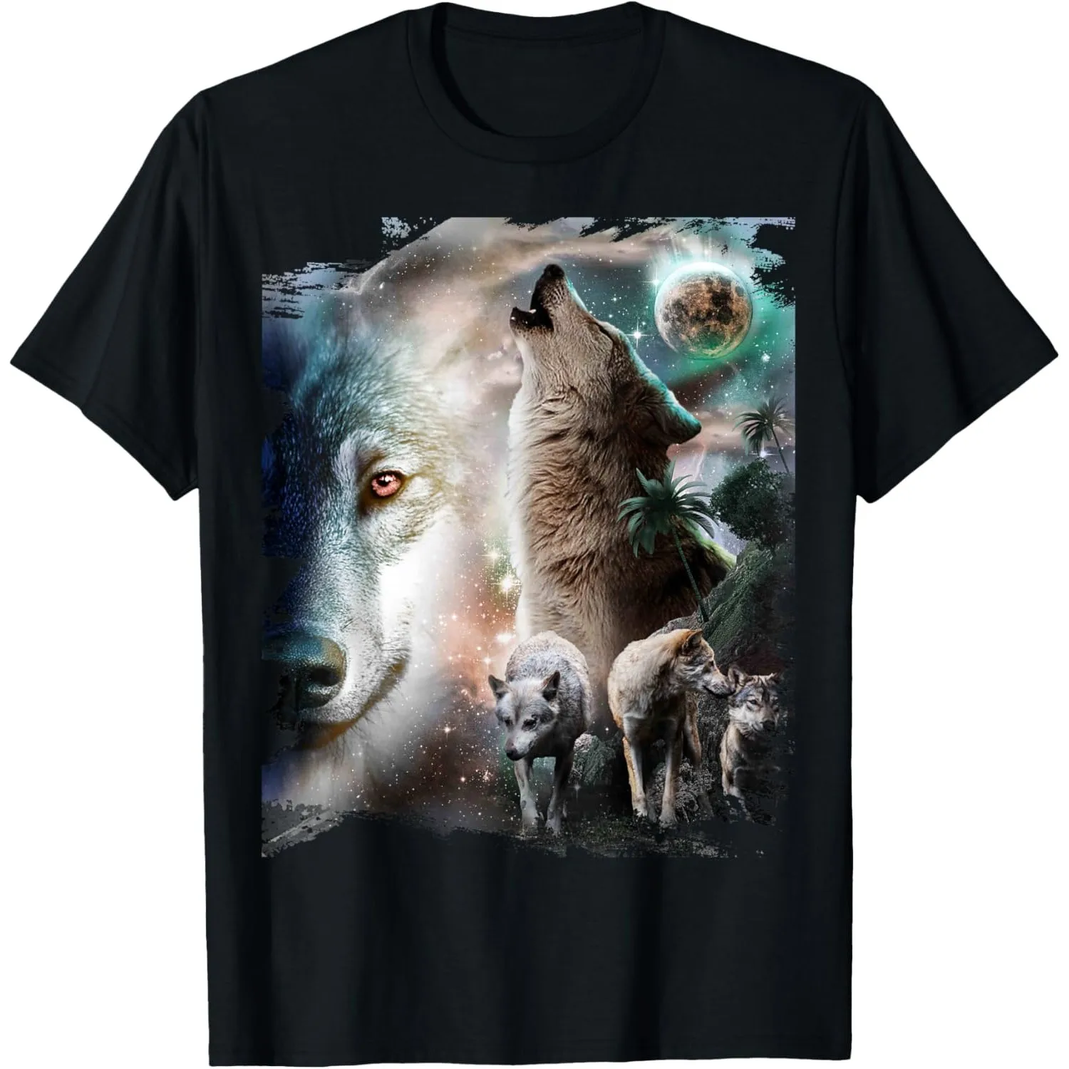 Space Wolves Graphic Tee Howling at Moon Print Cotton Casual Crew Neck T-Shirt for Men