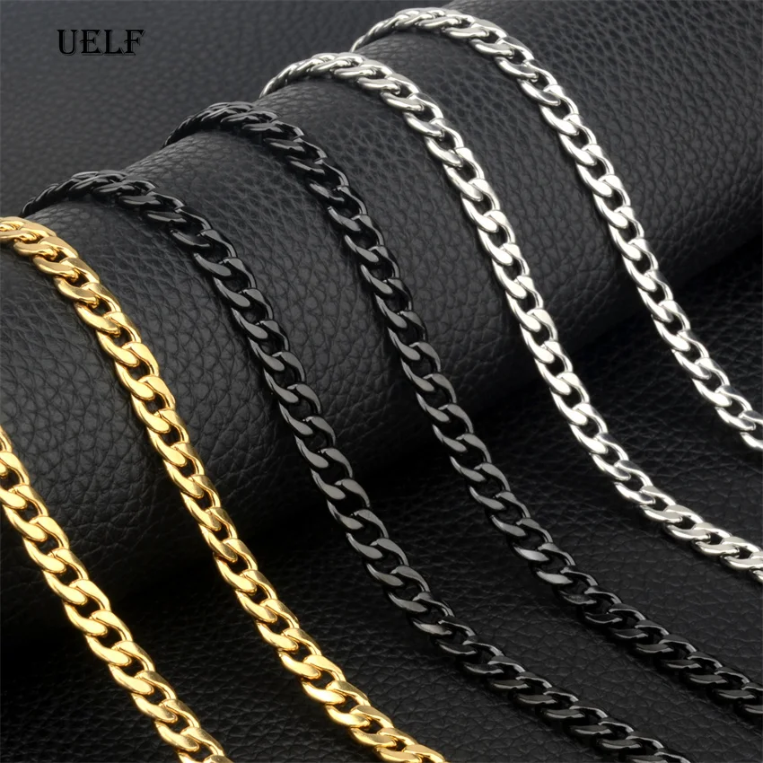 UELF Punk Size 2-7mm Mens Curb Cuban Link Chain Stainless Steel Necklace Women Silver Color Male Jewelry Gifts For Hiphop Boy