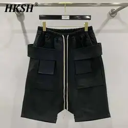 HKSH Men's Tide Dark Punk High Street Solid Color Workwear Multi Pockets Classic Black Double Ring Shorts Elastic Waist HK1032