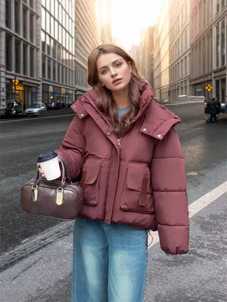 

2024 Winter New Women's Short Padded Jacket Thickened Fashion Hooded For Warmth Stand-Up Collar Bread Casual Jacket