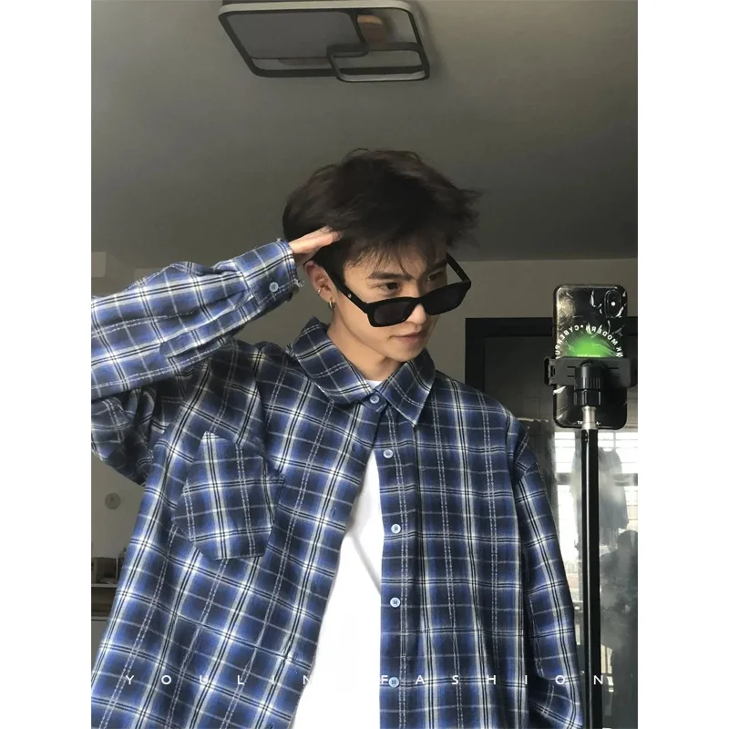 

Синий клетчатый длинный сарафан для мужчин, летняя верхняя одежда в американском ретро-стиле, защищающая от солнца, свободного кроя, с воротником-стойкой, для подростков