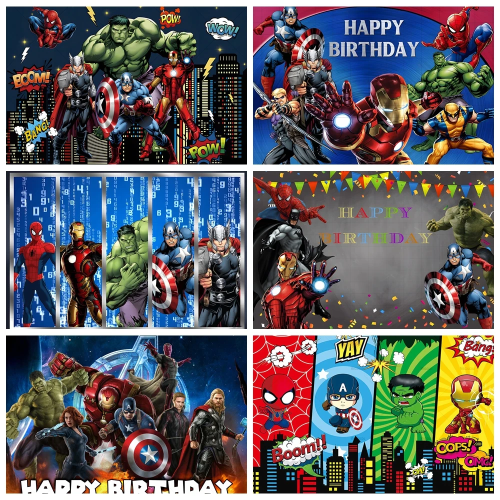 Fondo con tema de Los Vengadores, nombre personalizado, feliz cumpleaños, ciudad, héroe, fotografía, póster, Spider-Man, Capitán América, Iron Man