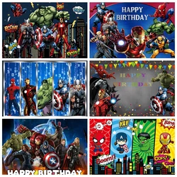 Toile de fond personnalisée sur le thème des Avengers, nom, joyeux anniversaire, arrière-plan de la ville, affiche de photographie, Spider-Man, services.com America, Iron Man