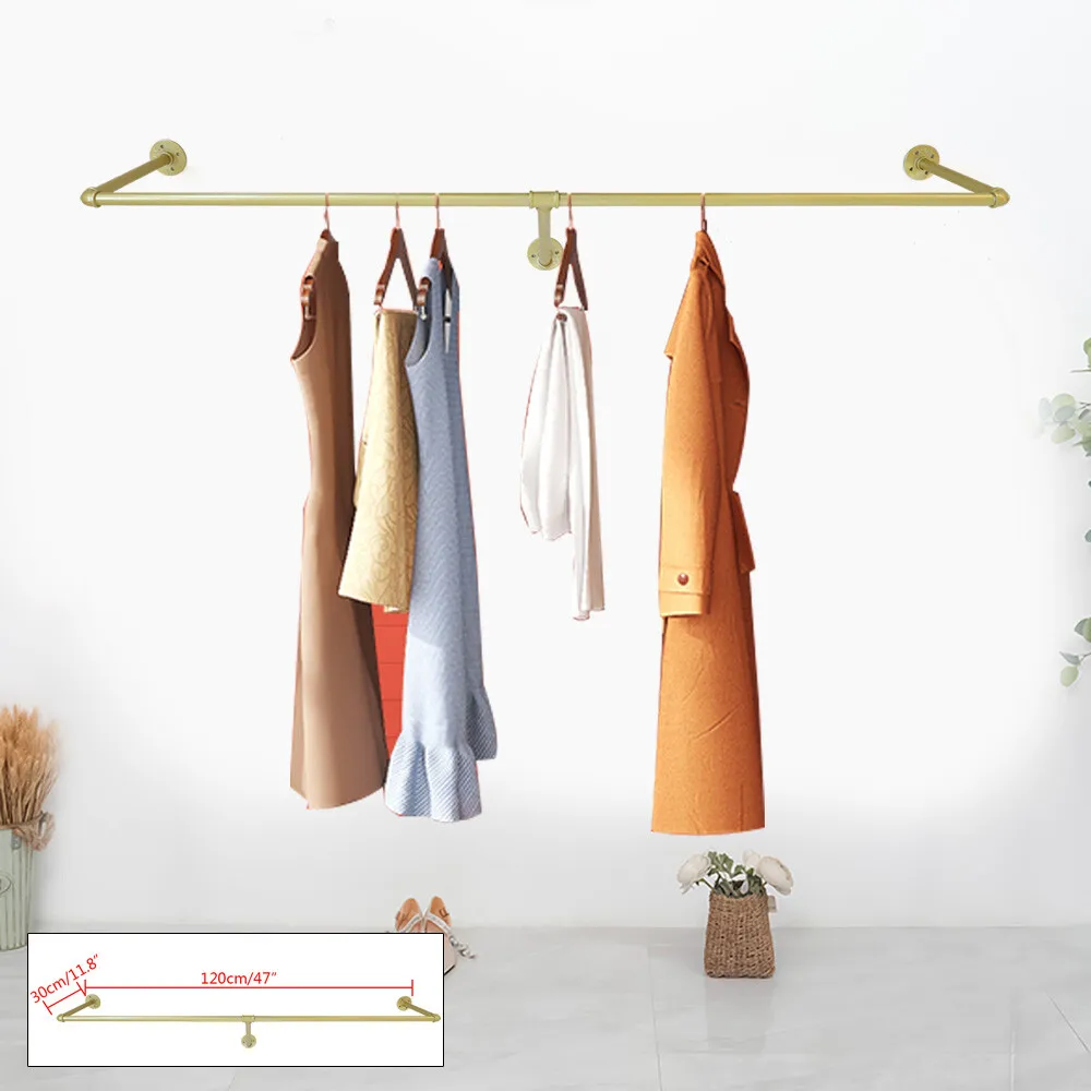 

Industrial Gold Clothes Rack Pipe Clothes Hanging Pole Shelves Wall Mounted