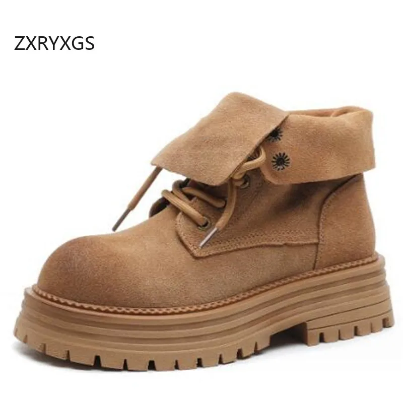 ZXRYXGS 2024 Superior Cow Suede Autumn Single Boots Roman Shoes Woman New Boots Thick Sole Non-slip Thick Mid Heels Roman Boots