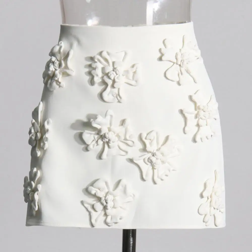 Sexy 3D Flower Wrapped Hip Short Skirt White 2024 Summer Brand Luxury New Fashion High Waist Mini Skirt Women Clothing Korean