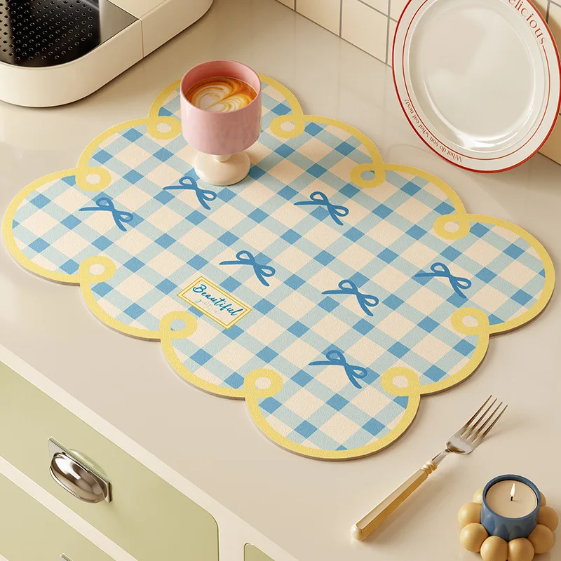 VIKAMA Scalloped Pink Check Bow Floral Dish Drying Mat Absorbent Non Slip Waterproof Coffee Table Kitchen Counter Draining Pad