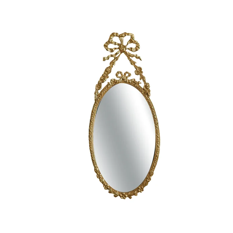 French Retro Mirror Pure Copper Carved Outer Frame Room Decoration Mirror Brass Copper Bow Wall Pendant Home Ornaments Gift