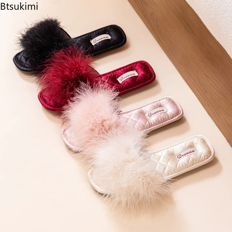Spring Summer Fashion Women Fuzzy Furry Slippers Comfort High-end Sexy Indoor Floor Home Shoes Retro Fluffy Bride Wedding Shoes