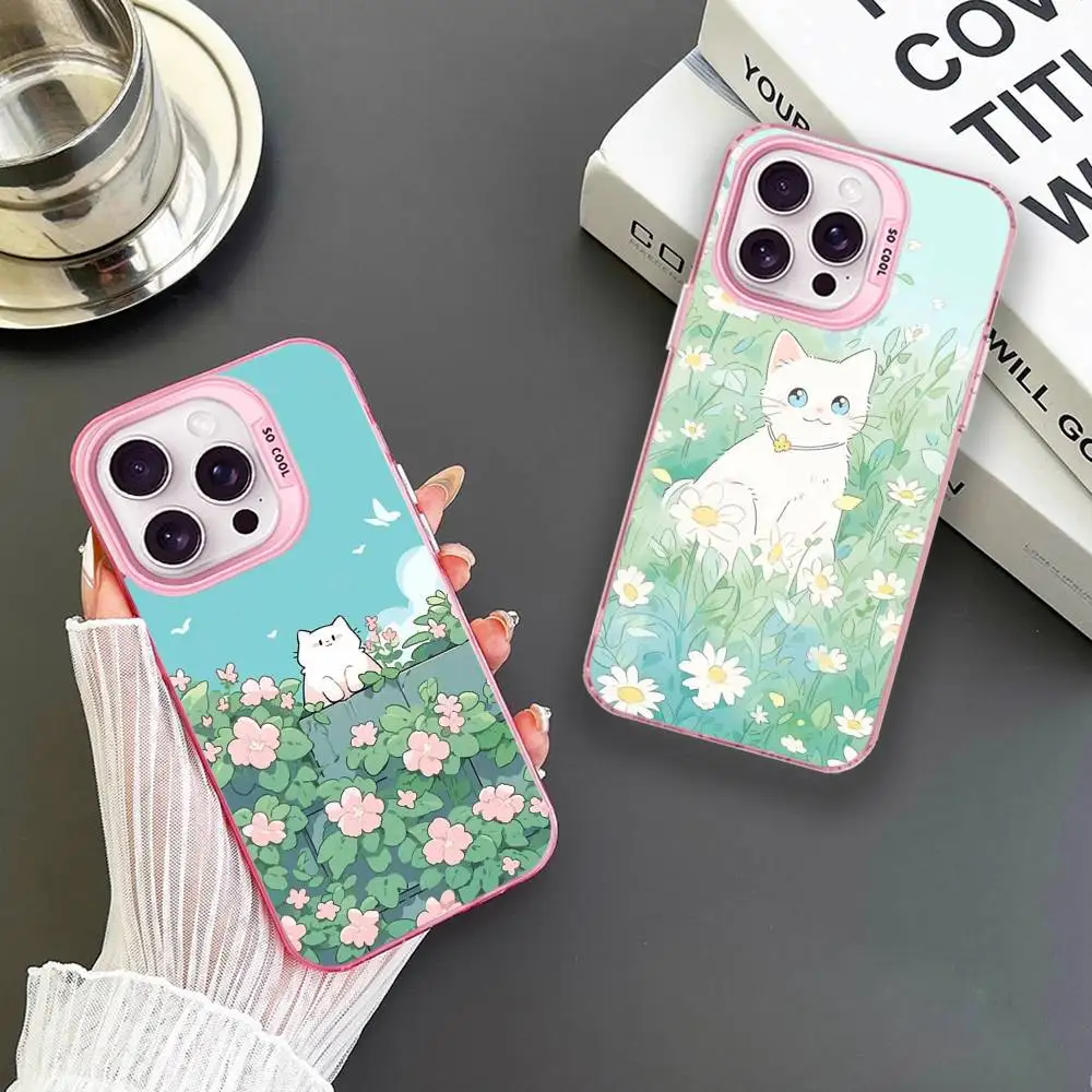 

Cartoon White Cat In The Lawn Phone Case For iPhone 16,15,14,13,12,11,Mini,Pro,MAX Pink Matte Shockproof Cover