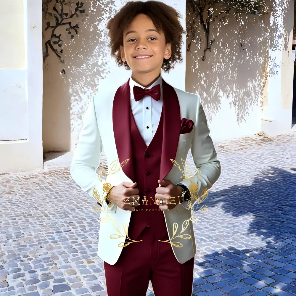 

Смокинг для мальчиков, белый комплект из 3 предметов, бордовая куртка с шалевым воротником, жилет и брюки, детский костюм премиум-класса для свадьбы, выпускного вечера, наряд на заказ