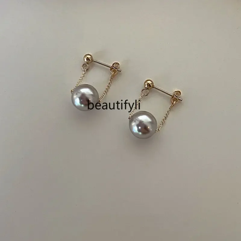 

yj Super Beautiful Suspension! All-Match Perfect Circle Strong Light Pearl Earrings 14K Gilded Gray Pearl Earrings