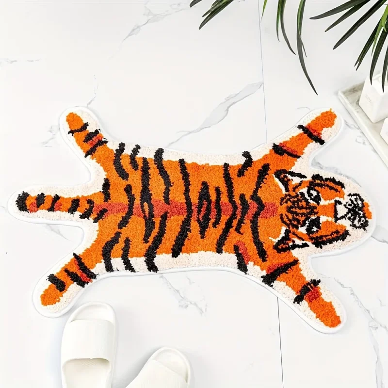 VIKAMA Cartoon Tiger Alien-Shaped Rug Soft Non-Slip Bathroom Mat Vintage Room Decor Bedroom Living Room Carpet