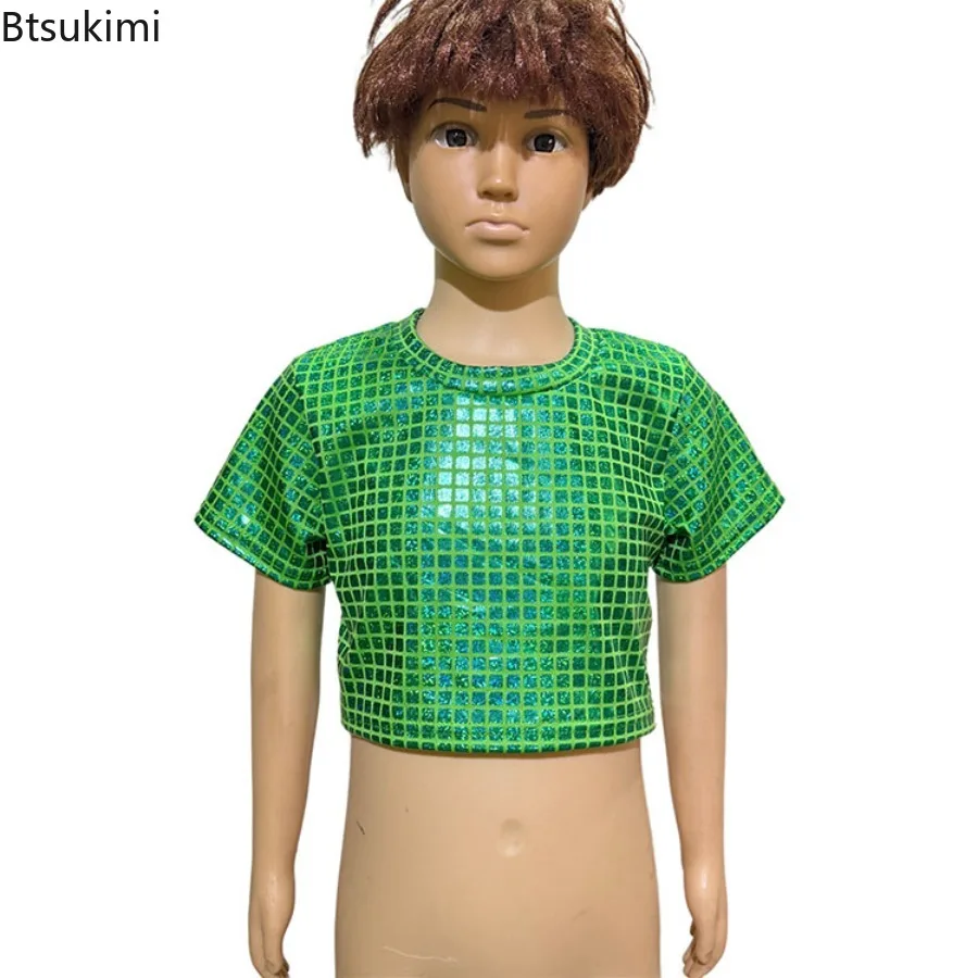 Summer Kids Boy Girl Hip Hop Jazz Outfits Set Short Sleeve Metallic Disco Crop Tops Cheerleading Children's Performance Costume view 6