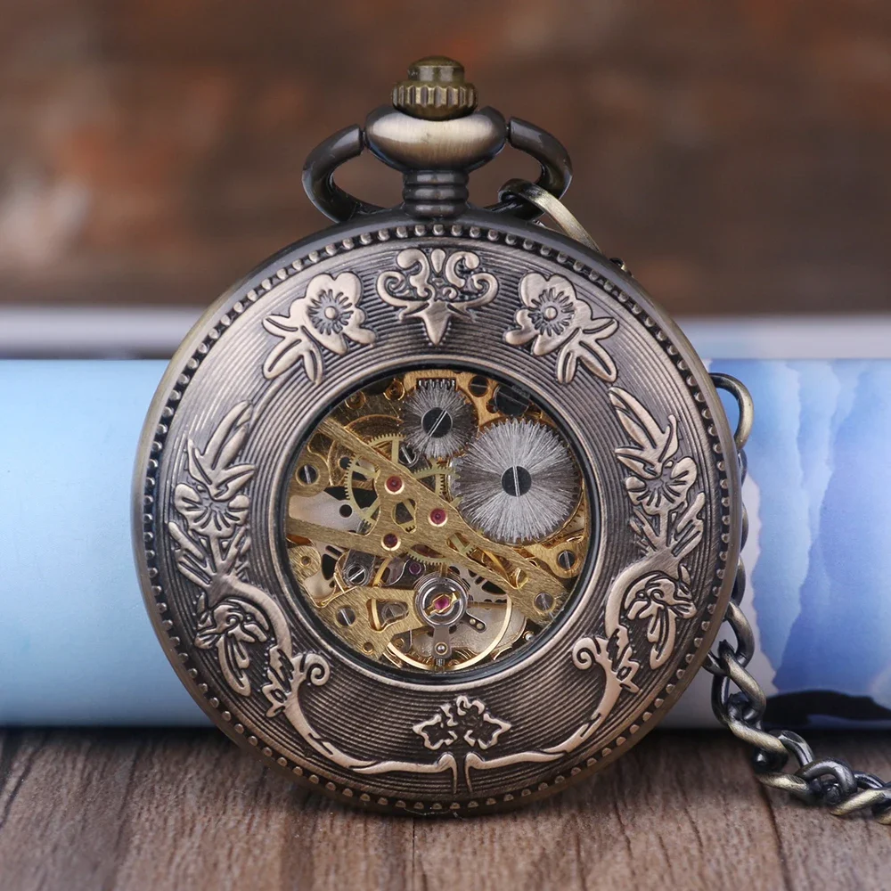 Vintage Roman Number Hand-Winding Watch creative carving flower Mechanical Pocket Watch chains pendant gifts