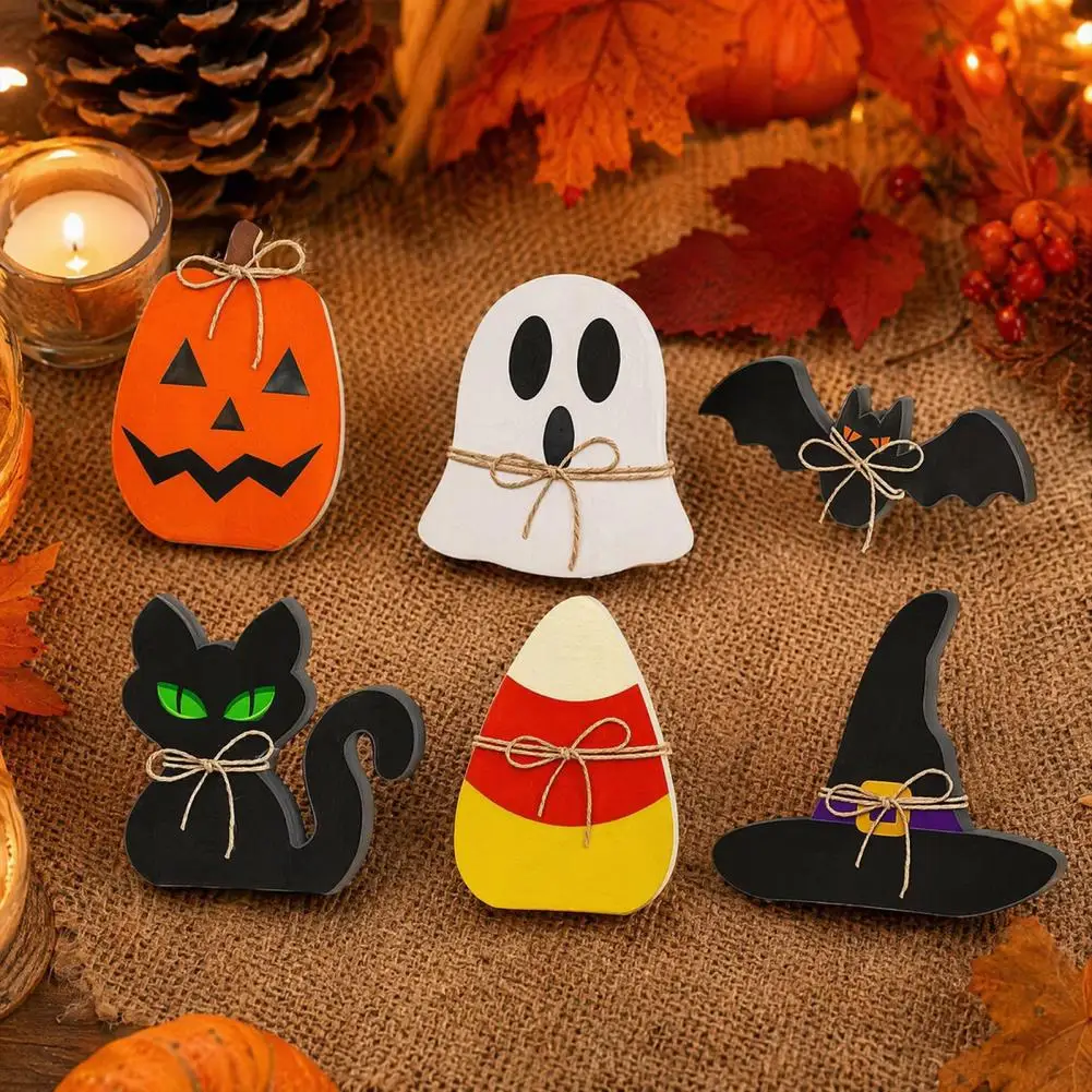 6Pcs Halloween Tiered Tray Decor, Ghost Black Cat Mummy Figurines, Pumpkin Witch Hat Bat Wooden Ornaments for Shelf Table