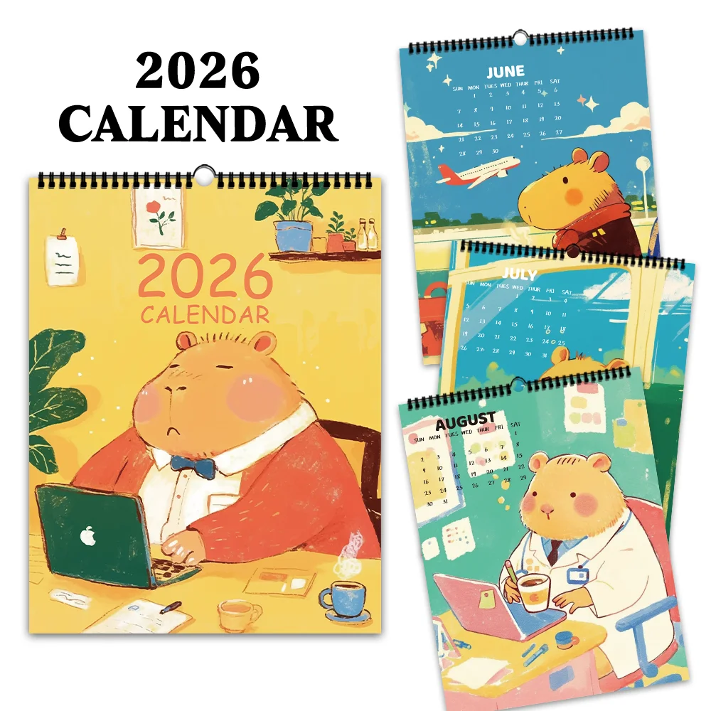 1pc 2026 Calendar,Cartoon Hand-Drawn Capybara,12 Beautiful Designs,Wall Calendar,Perfect Gift for Birthdays, Christmas, New Year