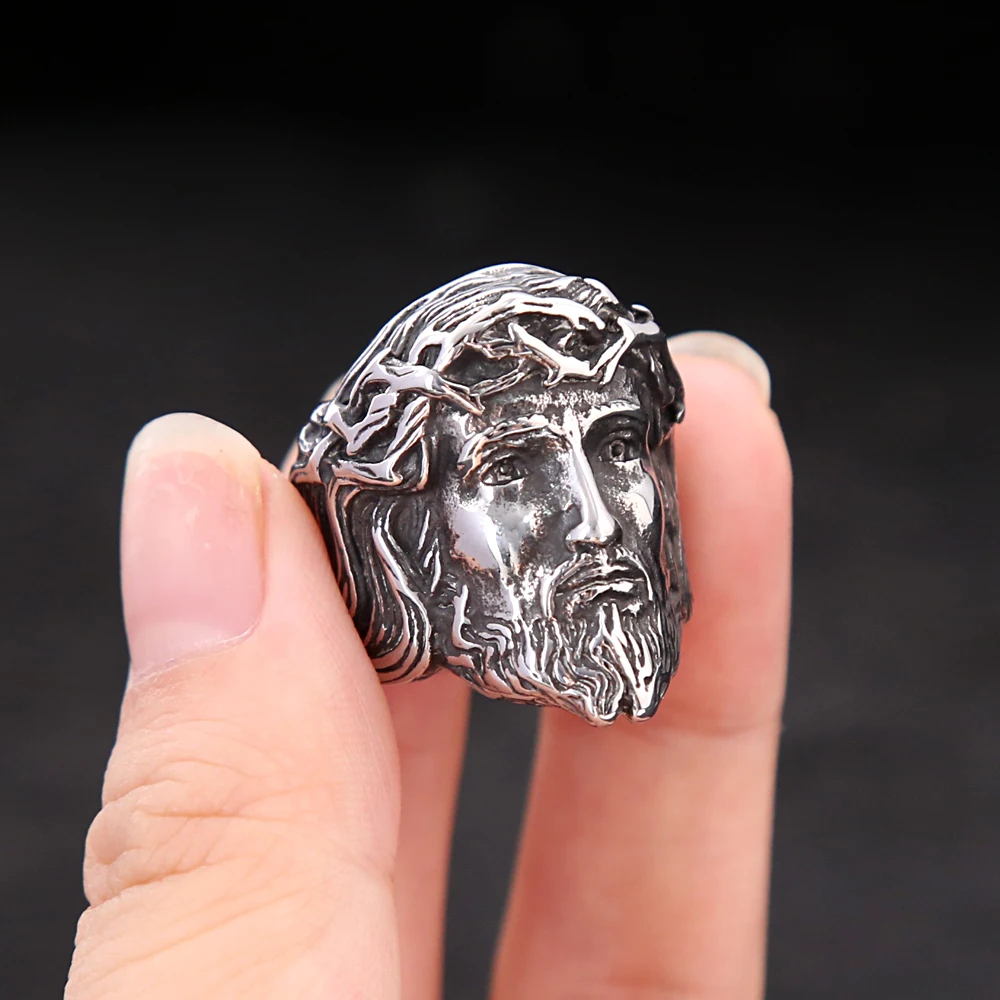 Unique Vintage Catholic Jesus Head Ring Punk Stainless Steel Jesus Portrait Ring Fashion Creative Amulet Jewelry Gifts Wholesale