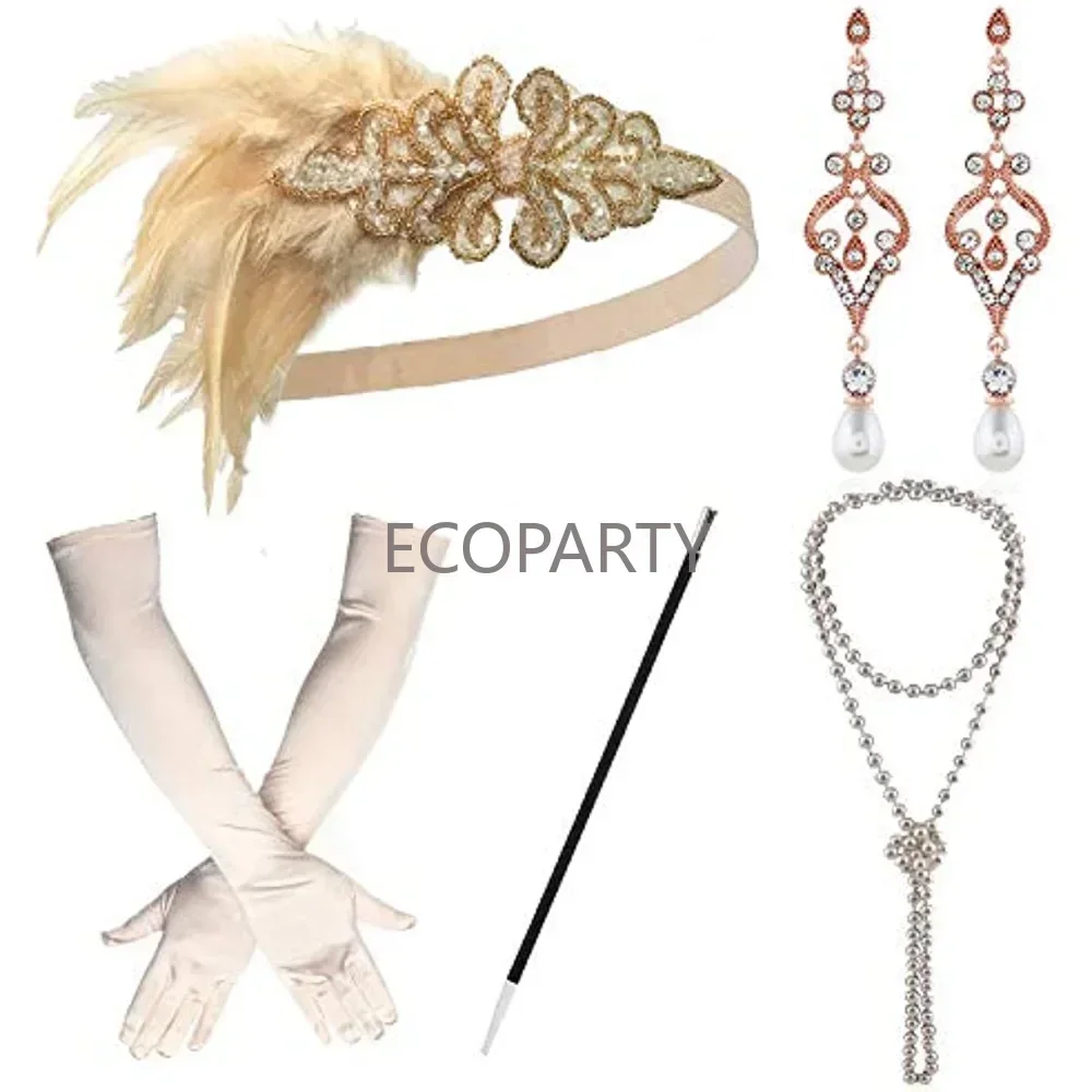 disfraz 1920s Great Gatsby Women's Retro Feather Hair With Earrings Necklace Smoke Rod Gloves Accessories Set Clothing Flappe