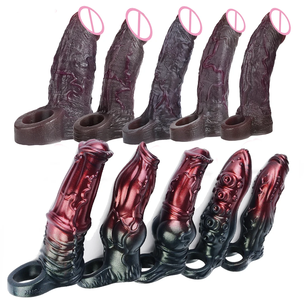 FAAK Fantasy Silicone Male Hollow Dildo Black Realistic Penis Sleeve Extender Enlarger with Cock Ring for Men Adult Sex Toys