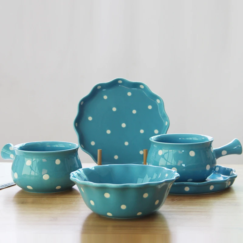 Polka Dot Ceramic Bowl and Dish Set Korean Bowl and Dish Creative Bowl Dish & Plate Cute Dinnerware Instant Noodle Bowl